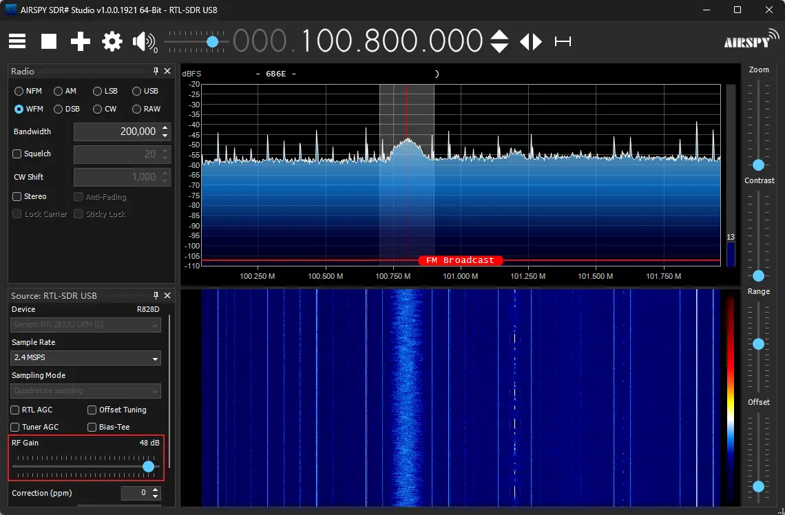 SDR # 中调整RF增益到48dB