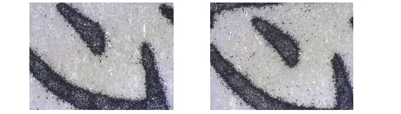 A4纸上放大83.3倍看到的字体，可见边缘有细小的碳粉颗粒